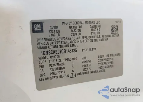 2012 Chevrolet Tahoe Ls z USA, uszkodzony, nr VIN 1GNSCAE07CR148135